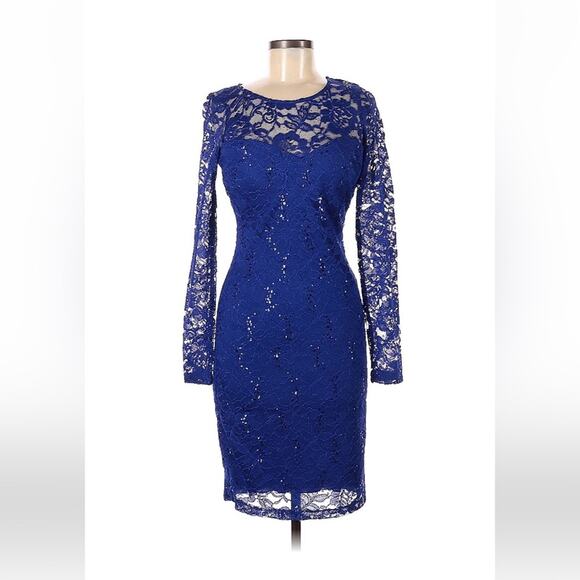 Sequin Hearts mesh back, lace and sequin blue sheath cocktail party dress, 7 - Picture 2 of 14